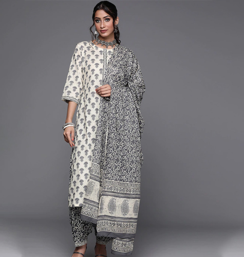 Women Off White & Charcoal Grey Floral Print Cotton Straight Kurta Salwar Dupatta